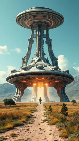 Unrealistic . Imaginative. Unique. Photorealistic. interpretations. Distinct . Natural beauty . Highly Symmetry. Highly Detailed. Intricate. Mystery. Puzzle. Illusion. Dystopian. Colossal. Architecture .UFO starship landed on the field