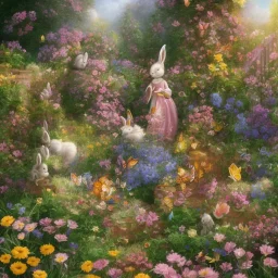 garden, flowers, butterfly, bunnies