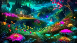 Landscape in a magical place with neon flowers and tiny fairies all in photography art