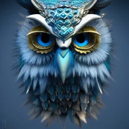 Anthropomorphic blue owl, big green eyes, lots of details, portrait, finely detailed armor, cinematic lighting, intricate filigree metal design, 8k, unreal engine, octane render, realistic, redshift render