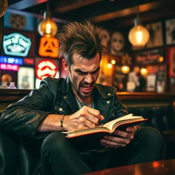 A very angry and bitter punk rocker sitting on a pub looking very angry, writing in his notebook new songs for his punk rocker band