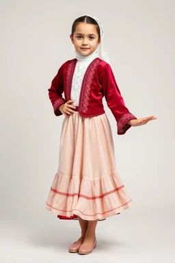 full body 7years old girl ,simple background, full body of very pretty little girl in azeri dance wearing A underdress or shirt, often made of silk,A fitted, often velvet or brocade, jacket worn over the shirt.Wide, bell-shaped skirts are worn, often long and layered to create beautiful movements while dancing, with a long lace scarf at back of her head ,with pretty shoes,in relax pose looking at camera.
