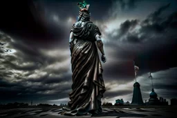 the statue of liberty, dress dirty and torn, her face solemn and terse, trash littered at her feet, she holds a crumpled american flag, she walks away with back turned under a dark and dreary sky, wide angle