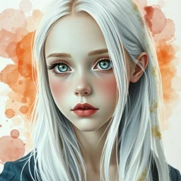 A young woman with long white hair, silver eyes, long eyelashes, very pale complexion, very shy, watercolor splotchy background