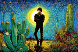 exquisite handcolored steel engraving captures. "Jamie, a footloose and self-absorbed young American, is traveling in Chile and is keen to experience the mysteries of a local hallucinogen — the mescaline-bearing San Pedro cactus." explosive contrast of brilliant colors. magical strokes, insanely detailed textures, complicated background, disturbing, scribbling. magical whimsical world. after Paul Gauguin. after Jacek Yerka. after Catrin Welz-Stein. black and gold, background in graphic and water
