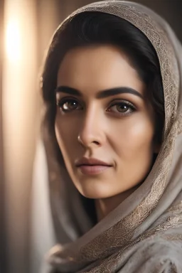 Portrait of beautiful Iranian woman, close-up, side lighting, blurred background, 4K