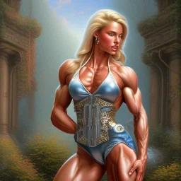 blonde female bodybuilder, castle fortress by thomas kinkade gerald brom whelan