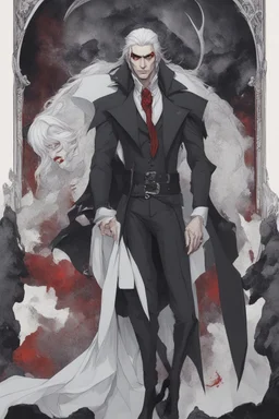 Vampire count Strahd Von Zarovich has long black hair and red eyes, with a woman with white hair