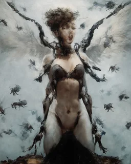 horror, swarming mechanical robotic insects, screaming woman, broken wings