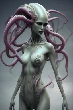 gorgeous female humanoid alien full body model, tentacles, orichalcum jewelry and piercings. exquisite beautiful face, lips parted slightly, argent energy, golden eyes made of light