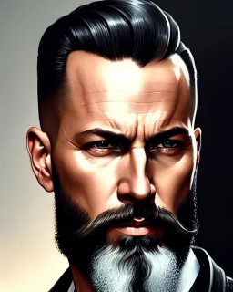 "MIddle aged white human male, with a trimmed but uneven beard, piercing eyes with slick back hair, full-scale head and shoulders portrait, 8k resolution concept art portrait by Greg Rutkowski, Artgerm, WLOP, Alphonse Mucha dynamic lighting hyperdetailed intricately detailed Splash art trending on Artstation triadic colors Unreal Engine 5 volumetric lighting Splash art fantasy"