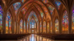 A majestic cathedral with towering hyperbolic arches defining the structure. The roof and walls curve inward and outward in perfect harmony, creating a fluid, wave-like design. The arches are lined with intricate stained glass windows that cast colorful light through the building, adding a sense of ethereal beauty. Award-winning photograph.