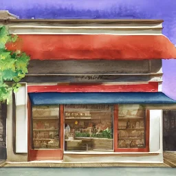 image en aquarelles, image frontal d'un restaurant dans un batiment en pierre