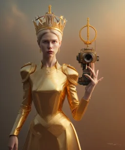 Statue of Queen of photography holding camera in hands. Cute blonde woman. Photographer in golden crown. Standing on the street. Big camera in her hand. hyperdetailed, photorealistic, trending on artstation, greg rutkowski, beksinski, kodachrome, volumetric lighting, gold and cyan