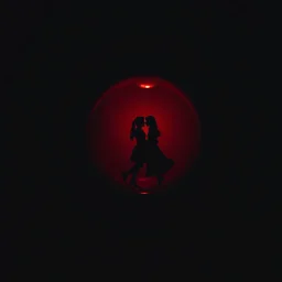 a dark red bubble floating in dark air, silhouettes of a couple in love showing in the bubble