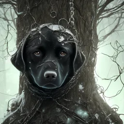 close up of sad, abandoned, miserable dog chained to a tree with dark robed figure nearby, family home, winter, black-cloaked figure near dog, loneliness, 8k resolution, high-quality, fine-detail, iridescent, intricate, digital art, detailed matte, volumetric lighting, illustration, 3D octane render, brian froud, howard lyon, selina french, anna dittmann, annie stokes, lisa parker, greg rutowski