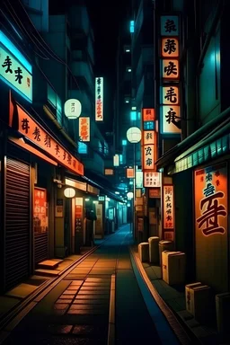 Narrow Akihabara alley at night with small Shinto Shrine, 80's retro, neon color grading, 80's retro, neon color grading