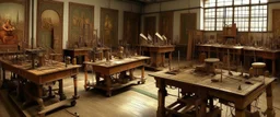 A workshop filled with machines painted by Leonardo da Vinci