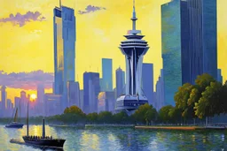 sunset, buildings, city, ships, trees, lake, cyberpunk, sci-fi, claude monet impresionism paintings