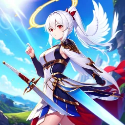 girl, masterpiece, best quality, volumetric lighting, detailed outfit, perfect eyes, long hair, white hair, red eyes, ponytail, armored dress, dynamic pose, halo, white wings, sword, landscape, fisheye, lens flare abuse,