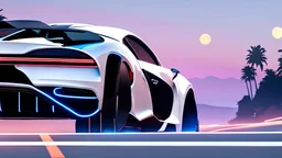 A sleek white shiny (((cyberpunk bugatti super chiron neon))), its contours and details perfectly captured in a (((cinematic view))), zipping along a winding road under a beautiful night, rear view