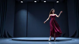 modern stage with gray-blue theme artistic decoration , color full dynamic lighting, a beautiful lady in modern maxy dark purple red dress with shining silver jwells dancing, 3D recursive fractal structure animating background