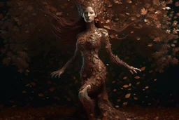 full body shot of a young woman covered in tiny copper filigree leaves, emerging from a summer tree, detailed matte painting, deep colour, fantastical, intricate detail