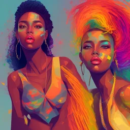 Portrait of beautiful black woman, illustration, bright colors, long hair