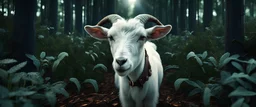 High-end hyperrealism epic cute two white goats chewing grass, Steampunk-inspired cinematic photography, symmetry forest alley background, Aesthetic combination of metallic sage green and titanium blue, Vintage style with brown pure leather accents, Art Nouveau visuals with Octane Render 3D tech, Ultra-High-Definition (UHD) cinematic character rendering, Detailed close-ups capturing intricate beauty, Aim for hyper-detailed 8K
