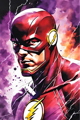 Masterpiece painting, The Flash from DC Comics, watercolor style, lightnings around the character, Professional Quality watercolor painting, Only Two Colors Purple And White With Some lightnings around, duotone only.