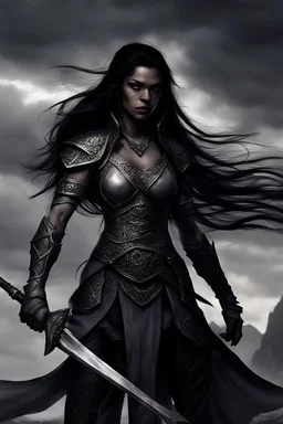 SA female elf with skin the color of storm clouds, deep grey, stands ready for battle. Her long black hair flows behind her like a shadow, while her eyes gleam with a fierce silver light. Despite the grim set of her mouth, there's a undeniable beauty in her fierce countenance. She's been in a fight, evidenced by the ragged state of her leather armor and the red cape that's seen better days, edges frayed and torn. In her hands, she grips two daggers, add dark shadow mystic purple flames