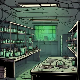 Заброшенная жуткая лаборатория для опытов над людьми со следами крови, стиль комикс