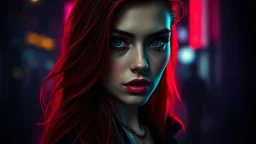 Full Body Portrait Of woman, Gorgeous long Red Hair, Big Wide Set Eyes, Cute Nose, Big Pouty Lips, Unique Moody Face, dressed femme fatal, At Night, Cinematic Detailed Mysterious Sharp Focus High Contrast Dramatic Volumetric Lighting :: cyberpunk, blue and red neon colors :: digital matt painting by Jeremy Mann + Carne Griffiths + Leonid Afremov, black canvas, dramatic shading, detailed face ugly, tiling, poorly drawn hands, poorly drawn feet, poorly drawn face, out of frame