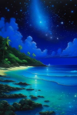 The beach of the island of Leela its waters are full of blue stars illuminated by blue light Oil painting