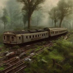 an abandoned train on tracks overgrown by nature with large puddles of water flooding part of tracks, 8k resolution, high-quality, fine-detail, intricate, digital art, detailed matte, volumetric lighting, illustration, 3D octane render, brian froud, howard lyon, selina french, anna dittmann, annie stokes, lisa parker, greg rutowski