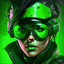 portrait of a woman cyberpunk green helmet glasses fat