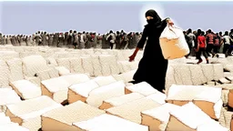 A Palestinian woman wearing a dress carrying very large bags of flour on her back, bending her back down in the destroyed Gaza City, and aid boxes descending from planes near the sea, with a large number of children looking up.