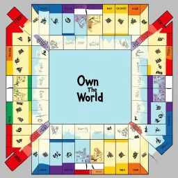create a custom monopoly style board GAME with: 1 row of EQUAL SIDES 12 SQUARE EACH SIDE WITH A BIG SQUARE IN THE MIDDLE. MAKE THE WRITING IN THE MIDDLE SAY OWN THE WORLD ,
