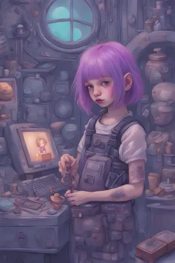 Little girl with violet hair in Cyberpunk wunderkammer painted by Fussli unsane details, soft colors, lot of space around the girl with a lot of strange objects