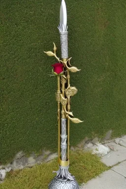 A large silver and Gold holy spear weapon covered in rose's and thorns, realistic, fantasy,