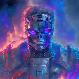 Evil terminator, blue & purple fire in backround, metal broken on the robot, portrait