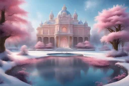 on a island, in a snowy and bright landscape a magnificent palace, tall trees, delicate flowers a pond in the foreground, a fountain, snowflakes, a blue sky,8k, very hight definition, lots of refined details, realistic painting, magical and sweet pink atmosphere