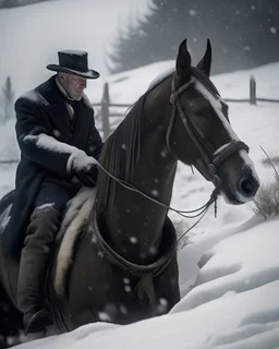 victorian era, a dead horse buried under the snow, its rider bead by its side, Apocalyptic, epic, photo-realistic, widescreen, cinematic, movie
