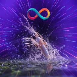 infinity symbol ∞ with vibrant powerful single prawn coming out of the water, striking, neon, chiaroscuro, dramatic, captivating, powerful, fantasy, beautiful, octane render, 16k post-production, artstation: award-winning: atmospheric: commanding: fantastical: clarity: ultra quality: striking: brilliance: stunning colors: amazing depth; lens: f/11, 35mm