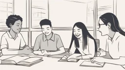 The image depicts a group of students actively engaged in a collective discussion within a classroom. The atmosphere is filled with enthusiasm and collaboration, evident through their lively interaction and exchange of ideas. The image illustrates the promotion of social interaction and cultural learning within an educational environment, where students learn from one another and build interactive bridges that contribute to enhancing understanding and cooperation among diverse cultures.