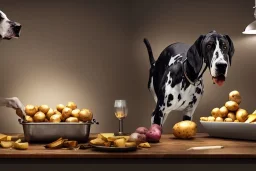 Great Danes stealing food off of a work surface in a kitchen, roast, potatoes, 8k resolution concept art hyperdetailed dynamic lighting DSLR maximalist matte background