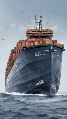 A container ship that looks like a big whale, with containers in top and a commander deck