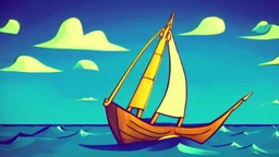 Small wooden ship, drawn in the style of Legend Of Zelda: Wind Waker, on a vast ocean, stylized, colorful, adventurous, no ships nor islands.