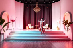 3d recusive stage with modern 3d structre and modern decoration a godoss lady dancing salsa with cute ,the background is evolving and animating