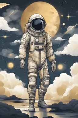A detailed illustration muted chinese ink painting, magic cosmic colors, rice paper texture, digital paint, halo astronaut, one black and gold future portal in the sky. Venus. Space. Clouds wet to wet techniques. vibrant vector professional art. cartoon style